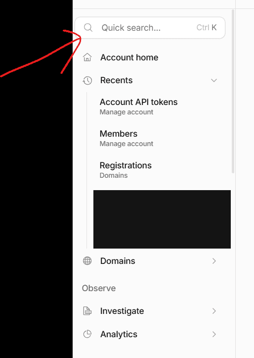 Cloudflare dashboard sidebar with the quick search box open