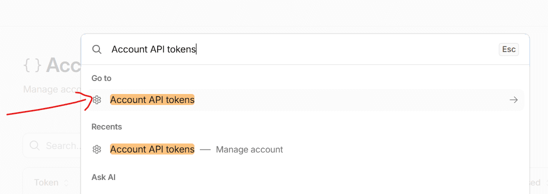 Quick search results for "Account API tokens"