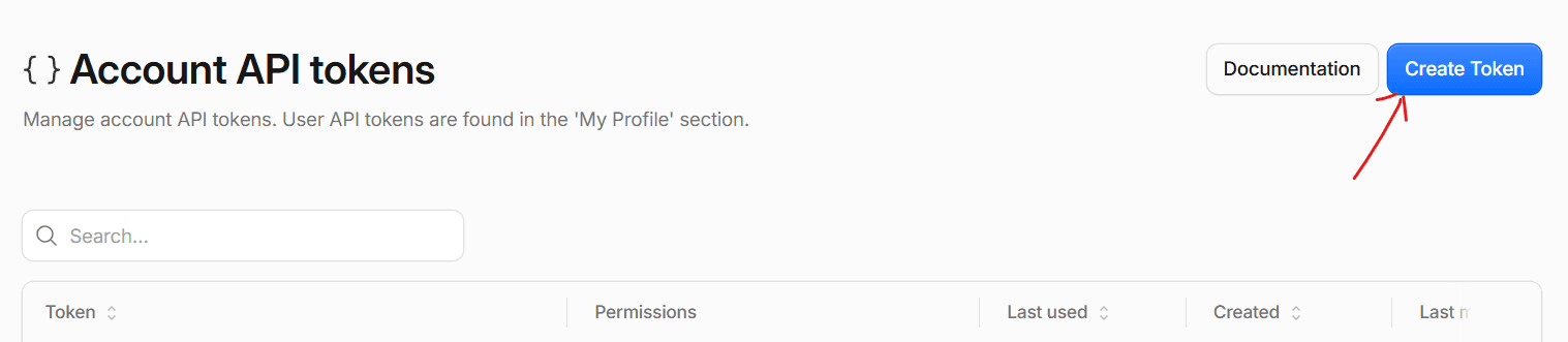 Account API tokens page with the Create Token button highlighted