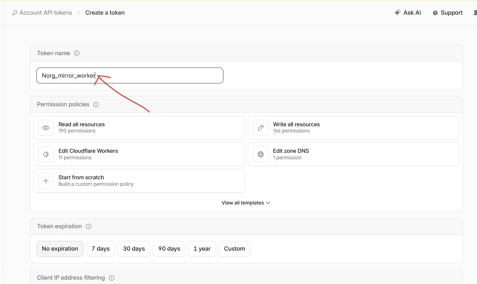 Token name field and permission policy options