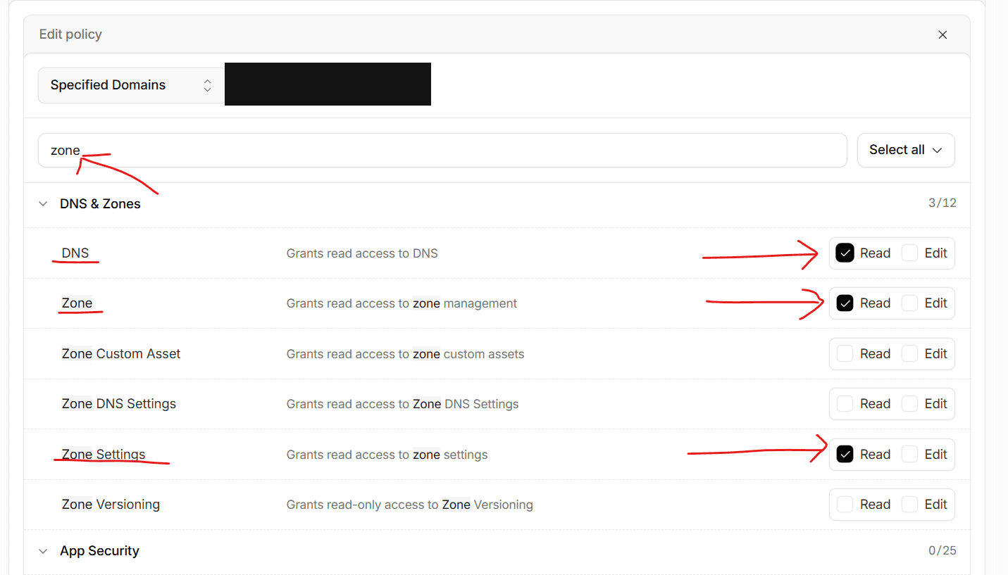 Searching "zone" on the first policy, with Zone and DNS Read permissions checked for the domain
