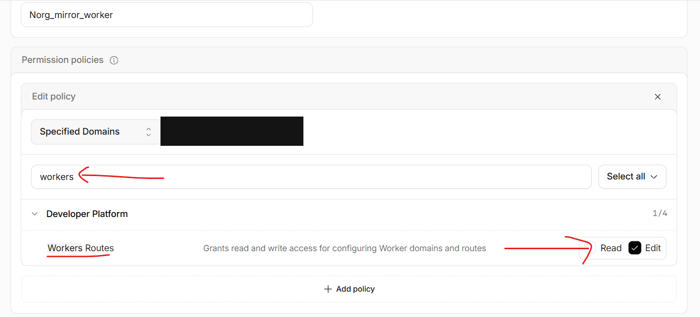 A second permission policy adding Workers Routes Edit for the domain