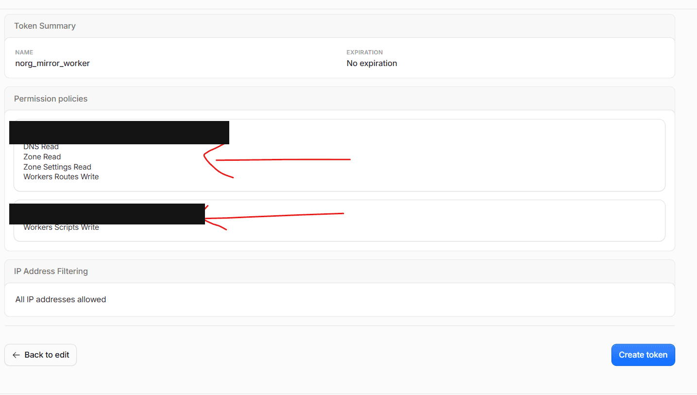 Review screen showing all three permission policies together before creating the token