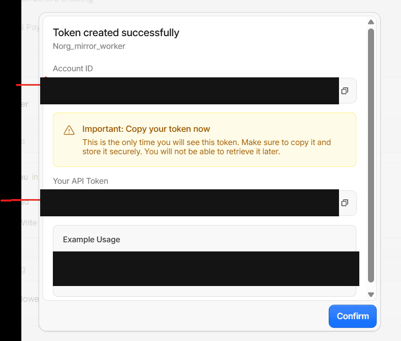 Token created confirmation screen with a one-time copy warning