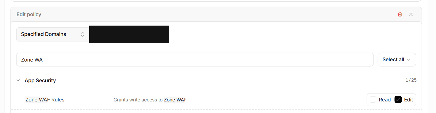 Cloudflare token permission picker showing Zone WAF Rules with Edit checked, scoped to the domain